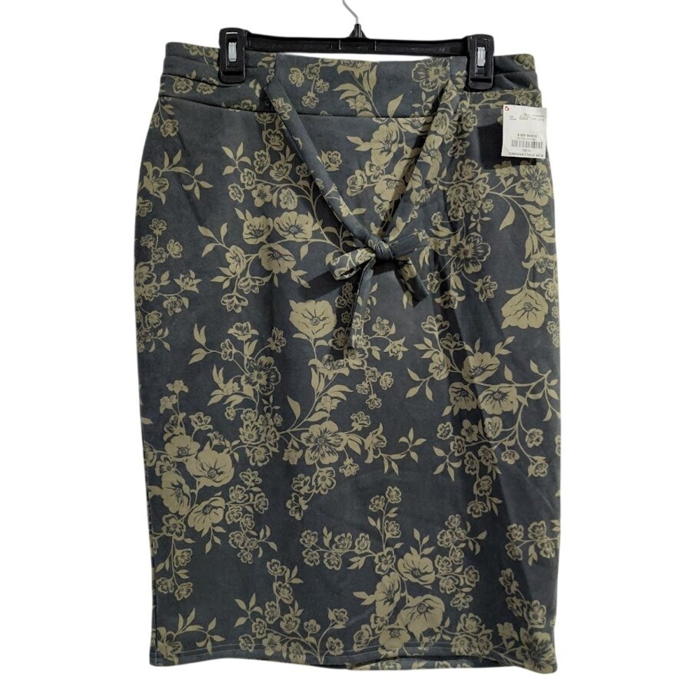 Classic Concepts Womens XL Pencil Skirt Tonal Olive Green Floral Tie Front New